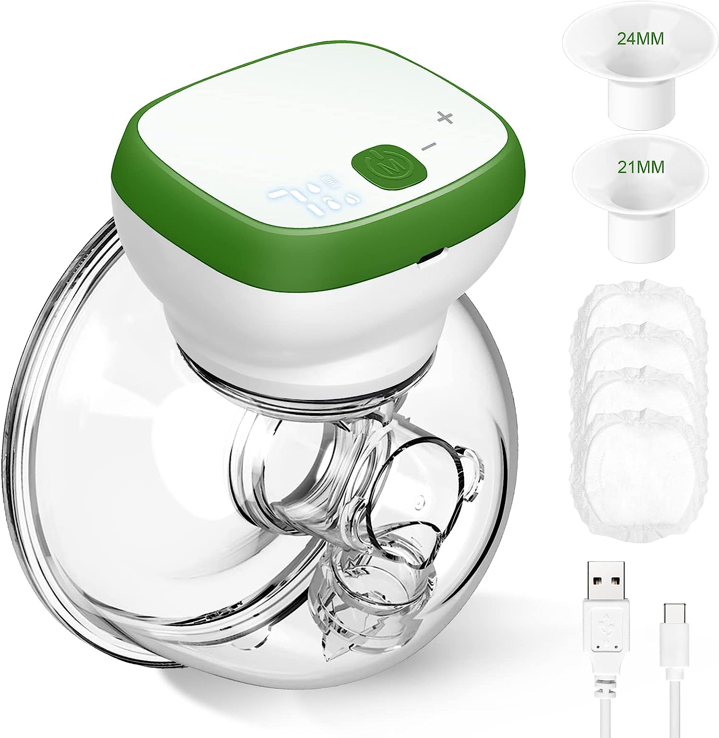 Wearable Breast Pump, Hands-Free Wearable Electric Breast Pump Portable Rechargeable LED Display Breastfeeding Breast Pump 3 Modes with 28mm 24mm 21mm Flanges (Green White)