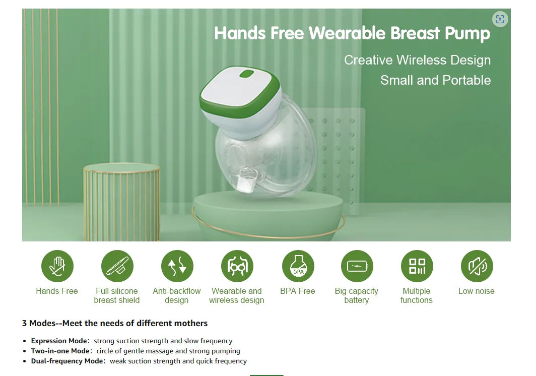 Wearable Breast Pump, Hands-Free Wearable Electric Breast Pump Portable Rechargeable LED Display Breastfeeding Breast Pump 3 Modes with 28mm 24mm 21mm Flanges (Green White)